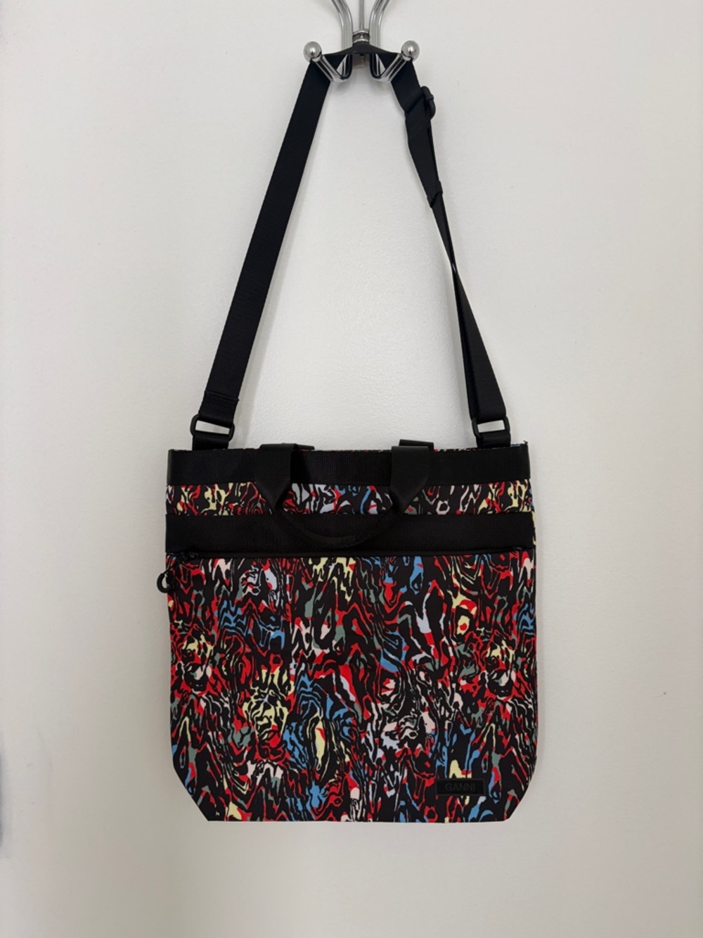 Ganni Multicolor Abstract Shoulder Bag with Black Strap